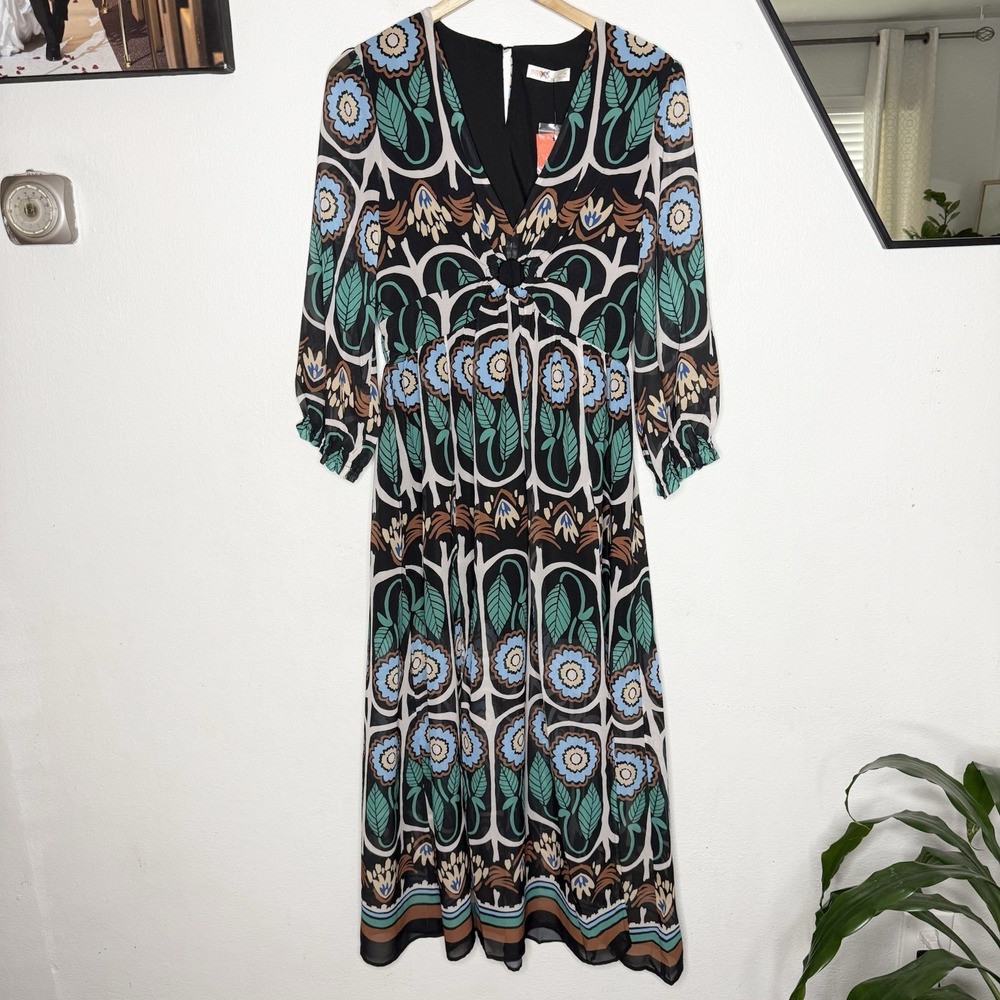 New Intempo‎ Slit Long Sleeve Maxi Dress Front Opening V-Neck Womens Medium